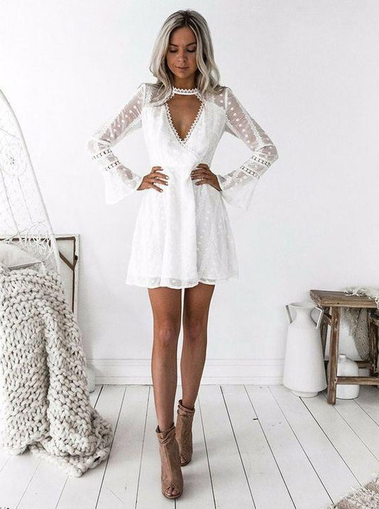 A-Line Jewel Long Sleeves Short Lace Homecoming Dresses Yamilet White CD1923