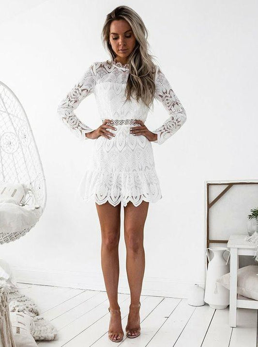 A-Line Round Neck Long Sleeves Short White Lace Ana Homecoming Dresses CD1925