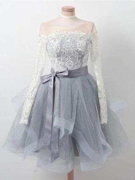 Long Sleeves Grey Short Cheap Aleena Homecoming Dresses Lace CD20244