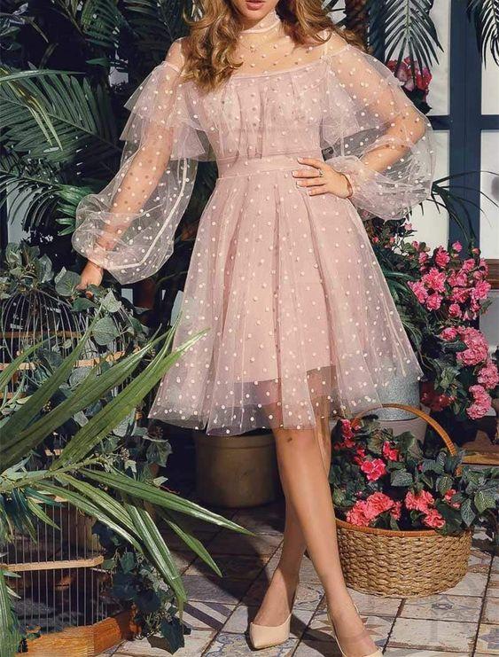 Lace Shaniya Pink Homecoming Dresses Cute Short Princess Long Sleeves CD2060