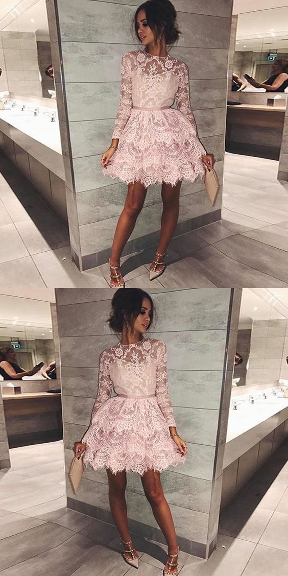 Short Long Sleeves Short Dresses Jazmin Pink Lace Homecoming Dresses Tiered Short With Sleeves CD210