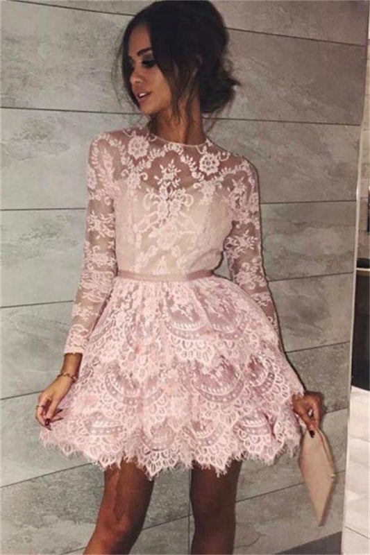 Short Long Sleeves Short Dresses Jazmin Pink Lace Homecoming Dresses Tiered Short With Sleeves CD210