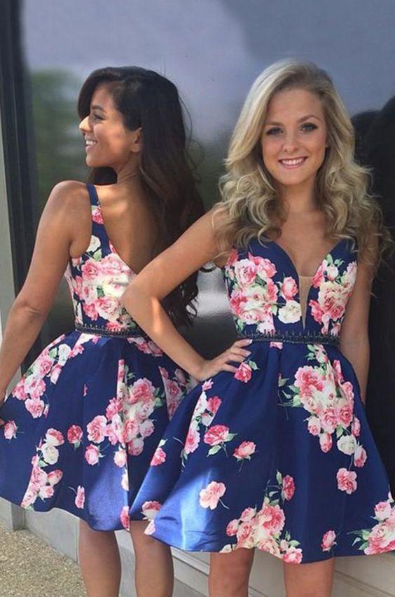 A-Line V-Neck Raegan Homecoming Dresses Short Dark Blue Printed CD2124