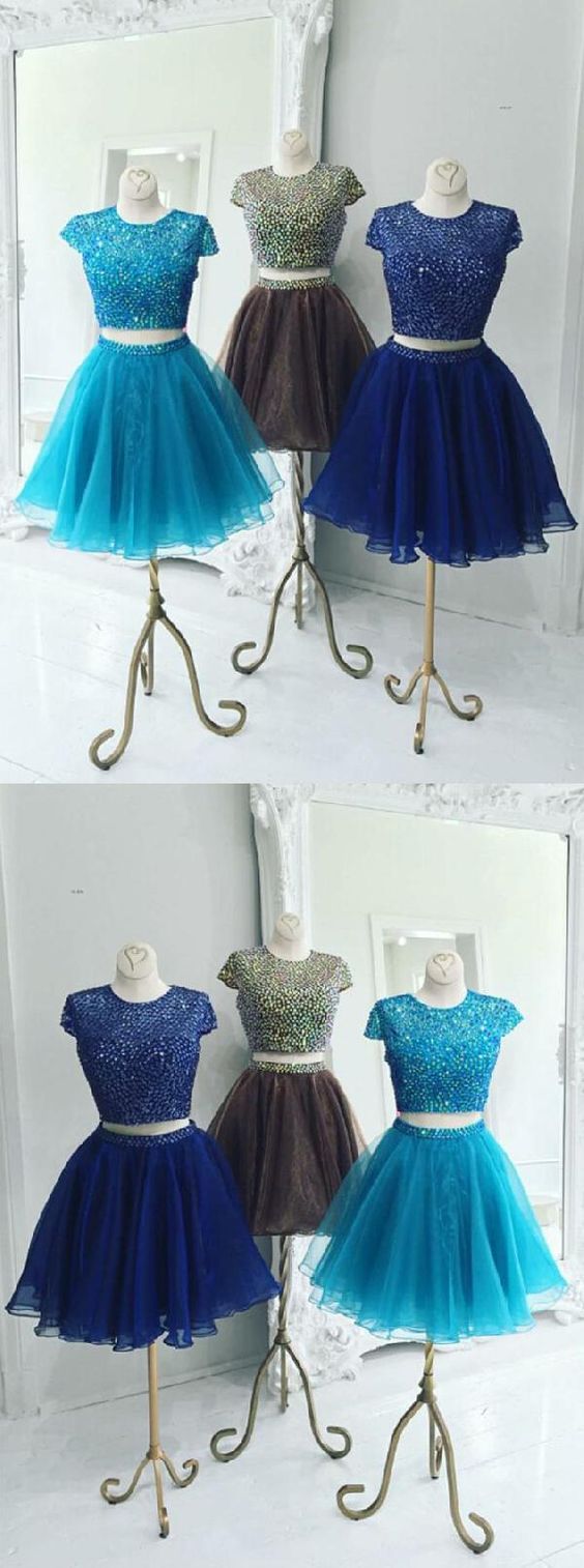 Beautiful Two Piece Homecoming Dresses Royal Blue Cassie Stunning Two Piece Jewel Cap Sleeves Short Organza DF2135