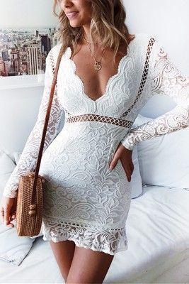 Sexy Lace Homecoming Dresses Margaret Long Sleeved White V-Neck CD22308