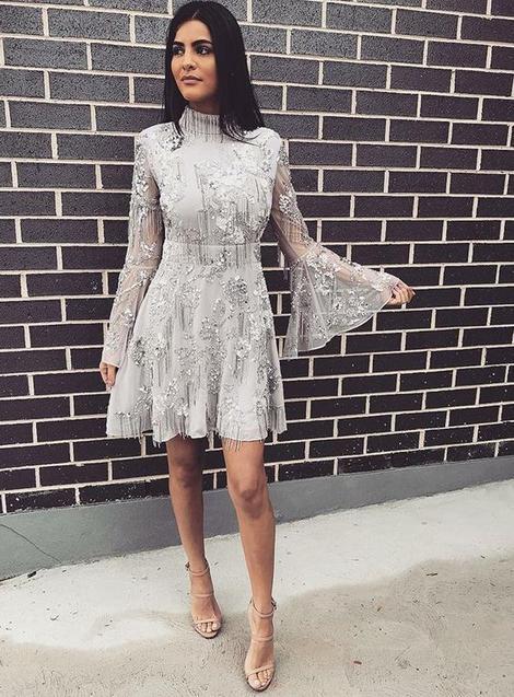 A-Line High Neck Short Homecoming Dresses Lace Lorelai Grey With Long Sleeves DF22812