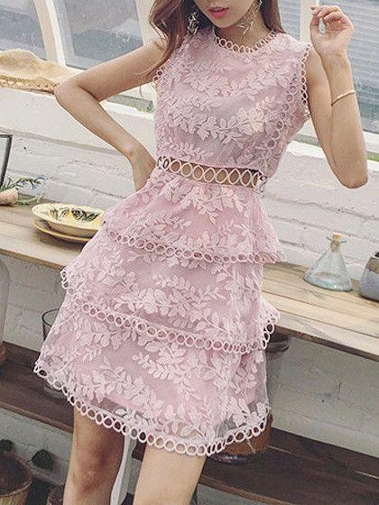 Cut Lace Homecoming Dresses Pink Jo Out Detail Sleeveless Layered Sheer CD22874