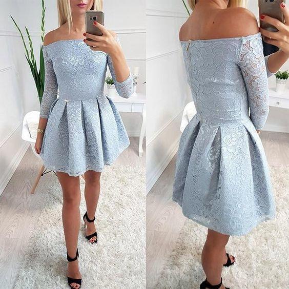 Light Blue Off Shoulder Long Sleeve Simple Homecoming Dresses Lace Livia CD23169