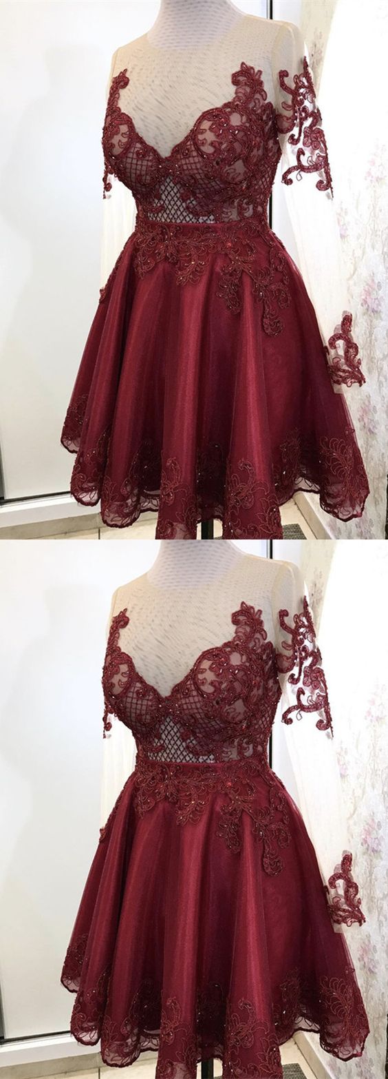 Elegant Burgundy Tulle Long Sleeves Homecoming Dresses Urania Lace CD2354