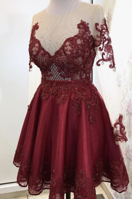 Elegant Burgundy Tulle Long Sleeves Homecoming Dresses Urania Lace CD2354