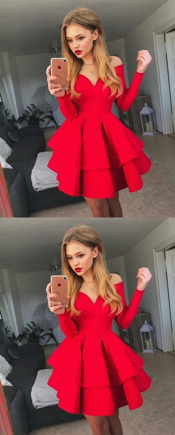 A-Line Crew Neck Kamila Homecoming Dresses Long Sleeves Short Red Tiered CD240