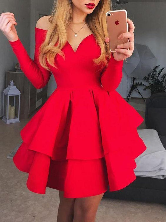 A-Line Crew Neck Kamila Homecoming Dresses Long Sleeves Short Red Tiered CD240