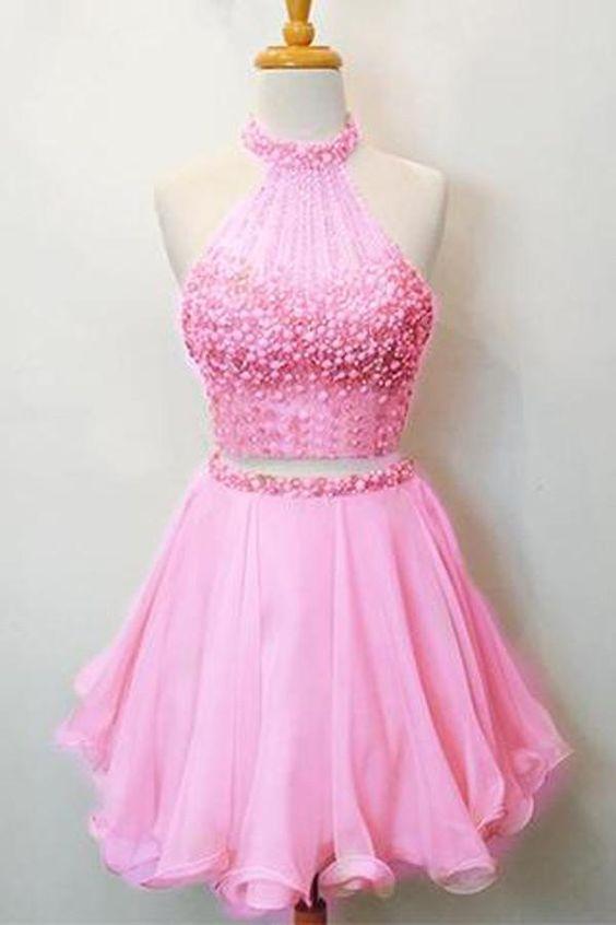 Hot Two Piece Halter Beaded Scoop Neck Keyhole Back Pink Lexi Homecoming Dresses DF24615