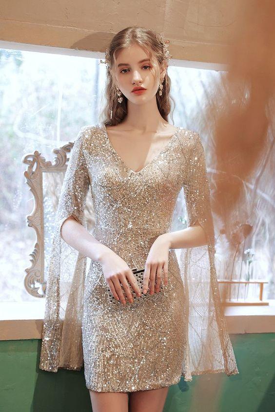 Tight Gold Sequins Party Dress With Renata Homecoming Dresses Flare Long Sleeves CD24696