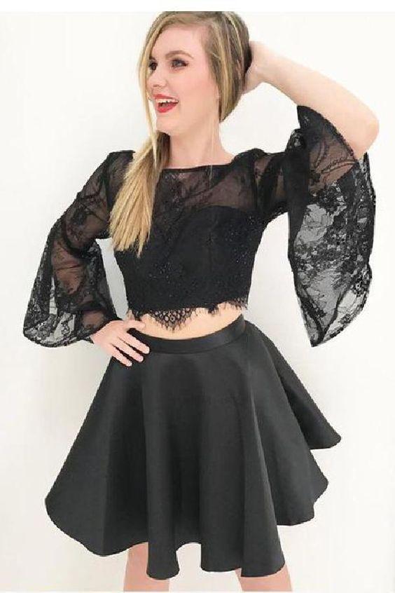 Two Piece Black Short 2 Piece Bell Sleeves Geraldine Homecoming Dresses CD254