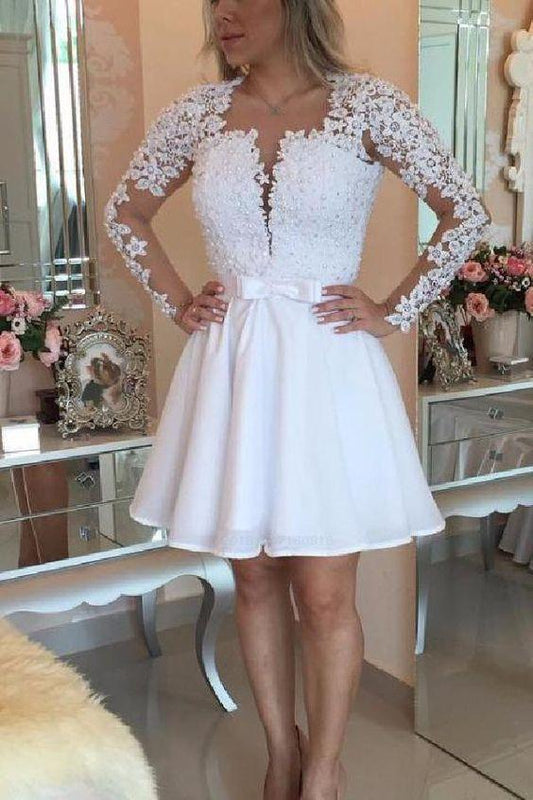 Short White Party Dresses Mini Open Back Long Sleeves Sexy Deep V-Neck Party Dresses Kaya Homecoming Dresses Lace DF265