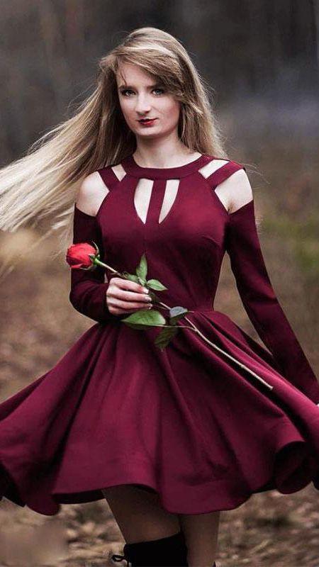 Long Sleeves Short Burgundy Sandra Homecoming Dresses A Line CD2900