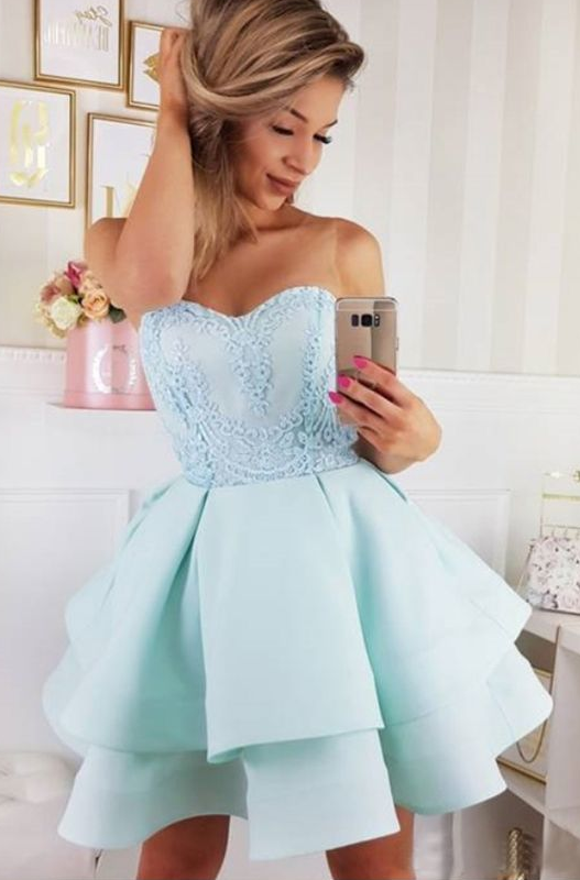 A-Line Round Neck Short Light Homecoming Dresses Siena Blue With Appliques CD296