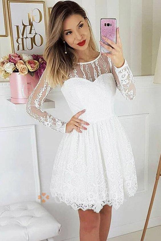 A-Line Lace Homecoming Dresses Ida Round Neck Long Sleeves White Short Party Dress DF3017