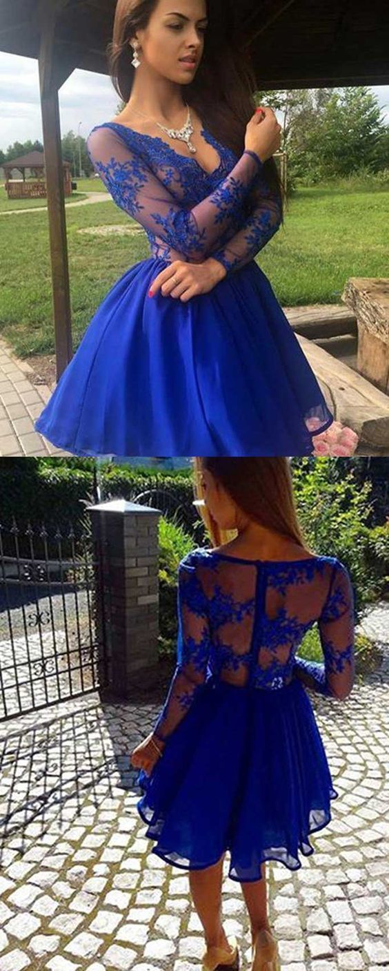 Long Sleeves Dresses Homecoming Dresses Elisabeth Royal Blue Lace Short Short CD314