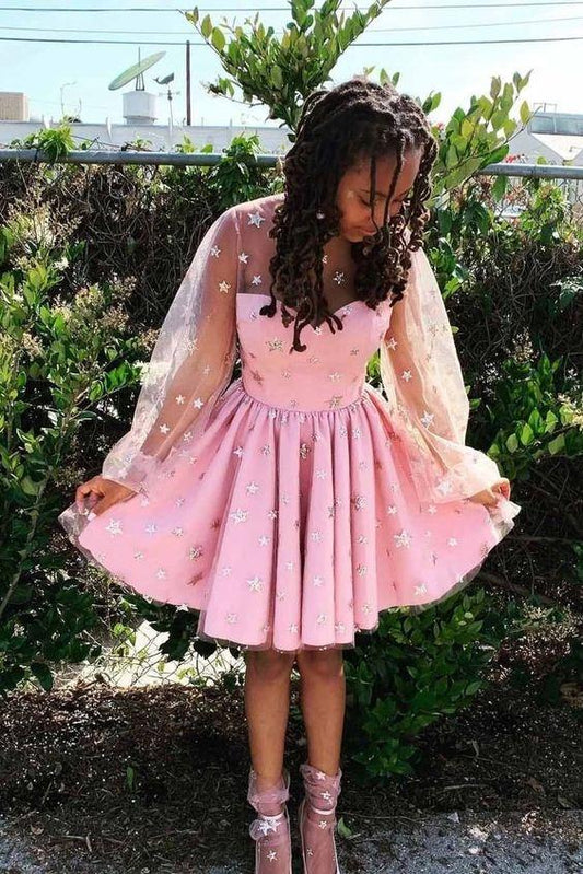 Stars Long Sleeves Tulle Pink Homecoming Dresses Stephanie Short CD3141