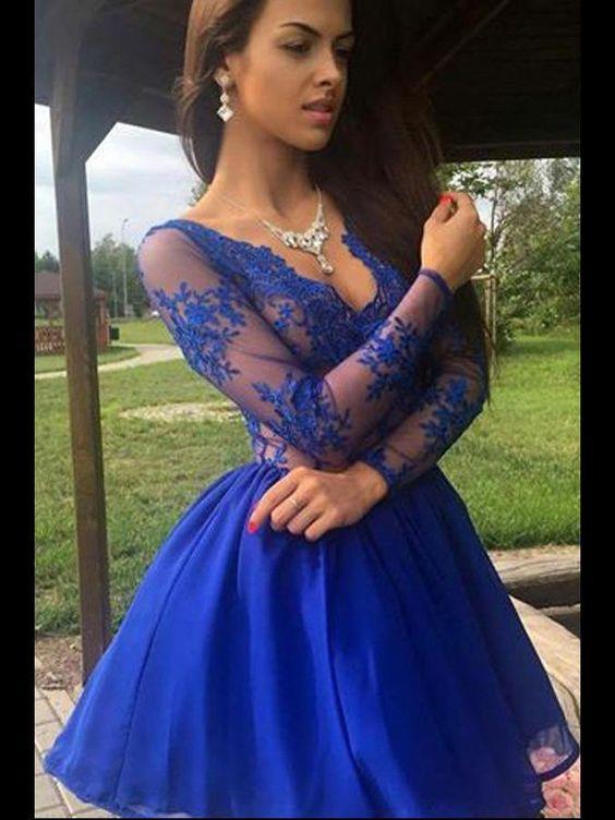 Long Sleeves Dresses Homecoming Dresses Elisabeth Royal Blue Lace Short Short CD314