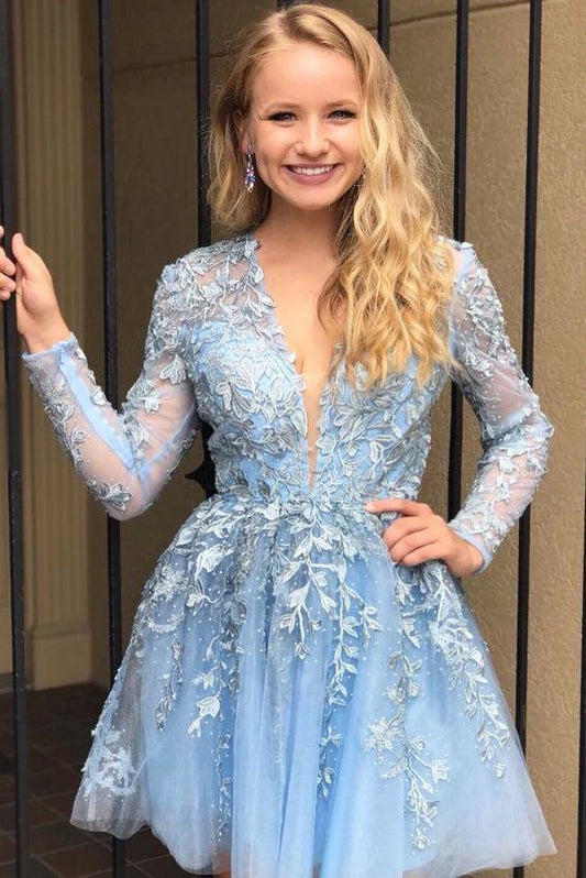 Appliqued Short Blue With Long Sleeves A Line Lace Homecoming Dresses Clarissa CD3456