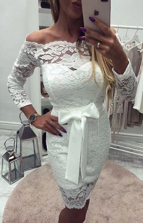 Sheath Off-The-Shoulder Long Sleeves Geraldine Homecoming Dresses Lace Above-Knee White DF3499