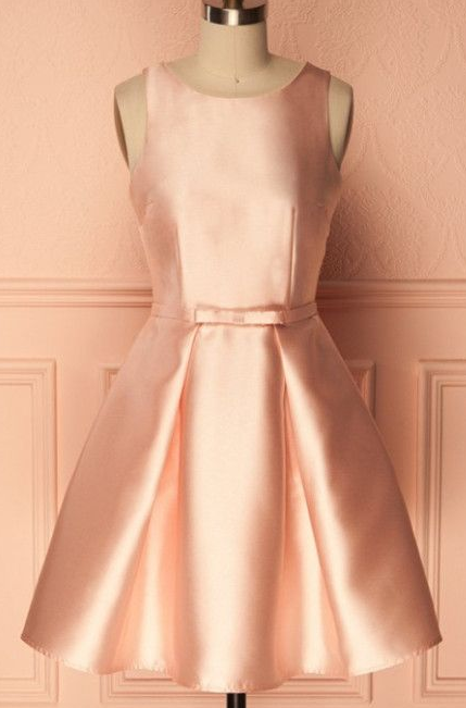 A-Line Aleah Pink Satin Homecoming Dresses Crew Short Pearl With Pleats CD3531