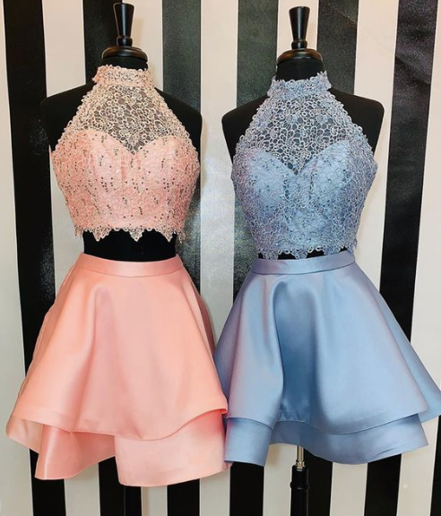 Two Piece Round Neck Short Satin Ingrid Homecoming Dresses Lace Blue With CD3826