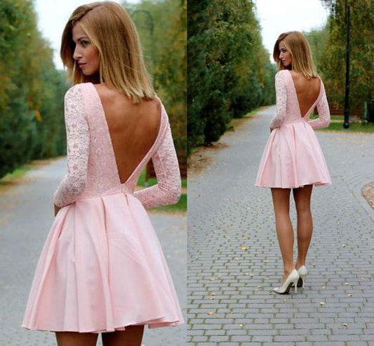 Sexy Mini Homecoming Dresses Mariela Pink Lace Long Sleeves Party Dress Deep V Back Backless Club Dresses DF386