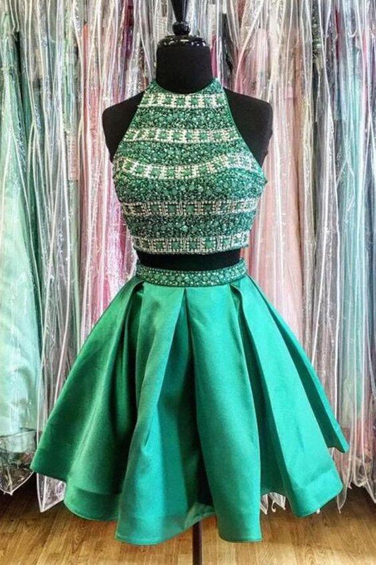 Morden Green Nita Homecoming Dresses Two Pieces Satin s Beading Round Neck Short DF4003