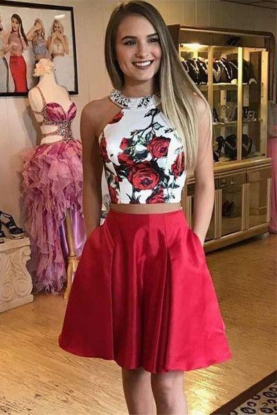 Two Piece Floral Red Short With Pocket Simple Knee Length Homecoming Dresses Veronica A Line Graduation Party Dress DF407