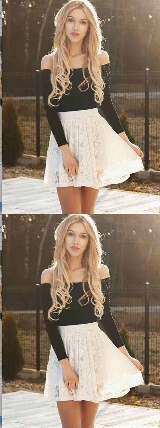 Homecoming Dresses Lace Ivory Jenny Two Piece Long Sleeves Short CD429