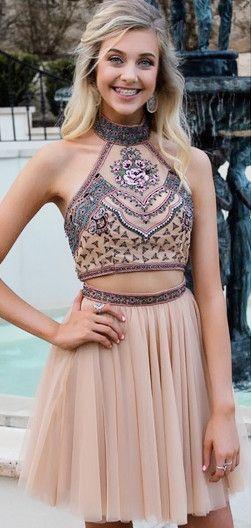 High Neck Embroidery Two Piece Gold With Open Homecoming Dresses Aileen Back CD4330