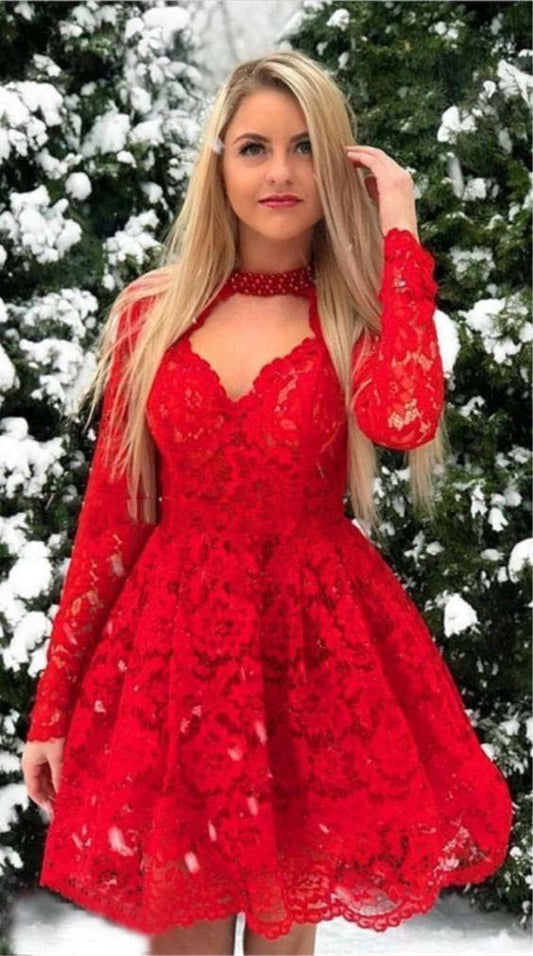 Vintage Red Short Long Sleeve Jordin Homecoming Dresses Lace Knee Length For Teens Long Sleeve CD436