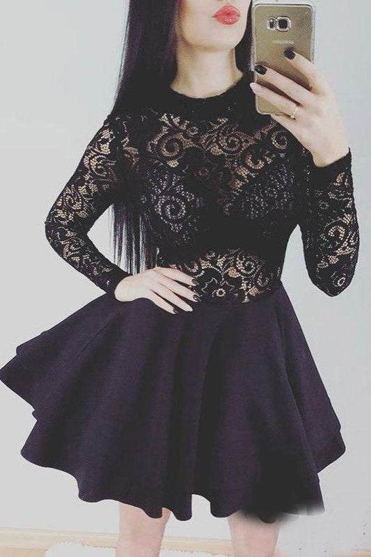 BLACK SHORT Valentina Homecoming Dresses WITH LONG SLEEVES LACE CD4644