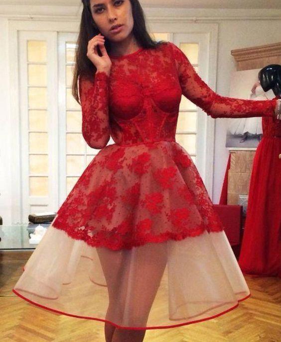 New Red Long Sleeves Cocktail Baylee Homecoming Dresses Lace Dresses CD4733