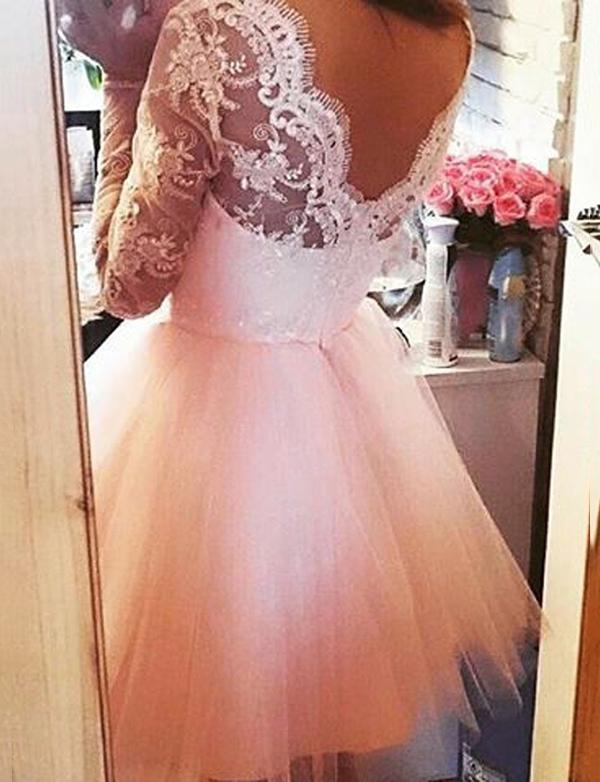 A-Line Square Pink Homecoming Dresses Cocktail Lace Heather Long Sleeves Tulle Dress With CD562