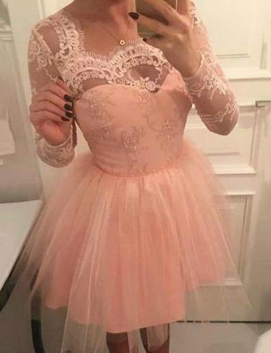 A-Line Square Pink Homecoming Dresses Cocktail Lace Heather Long Sleeves Tulle Dress With CD562