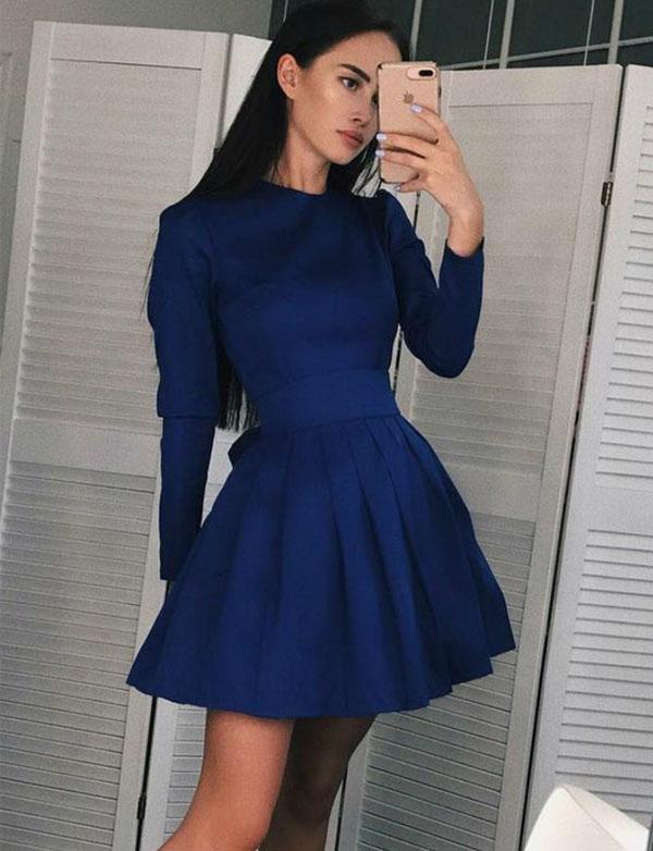 Fashion A-Line Jewel Long Sleeves Navy Blue Britney Homecoming Dresses Short CD565