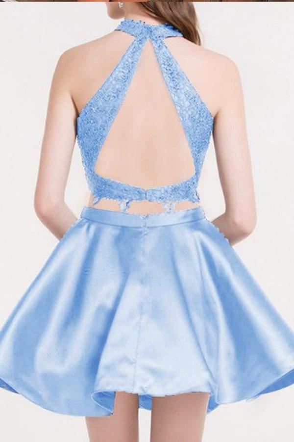 Skye Blue Evelin Homecoming Dresses A Line Two Piece Halter Sleeveless Keyhole Back Appliques Short DF61