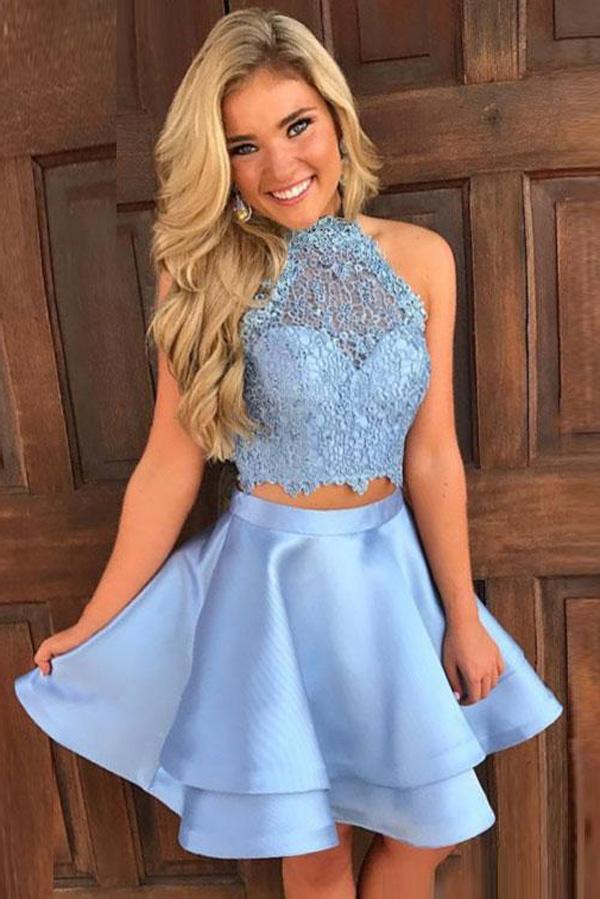 Skye Blue Evelin Homecoming Dresses A Line Two Piece Halter Sleeveless Keyhole Back Appliques Short DF61