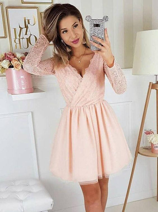 Ball Gown Homecoming Dresses Lace Pink Erin Dresses A-Line V-Neck Long Sleeves Party Dress With DF6651