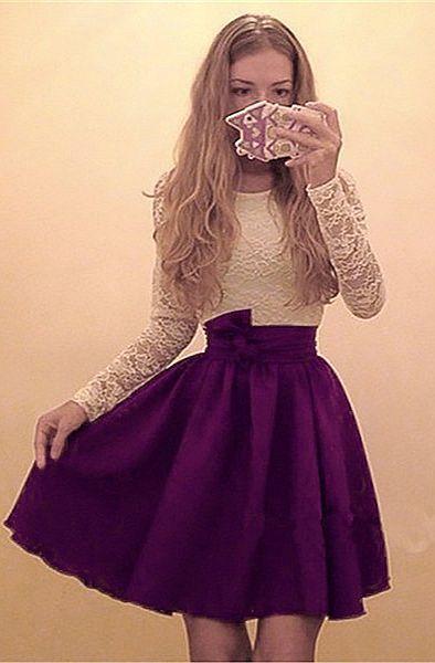 Joselyn Homecoming Dresses Chiffon Lace A-Line Round Neck Long Sleeves Purple Short With DF6667