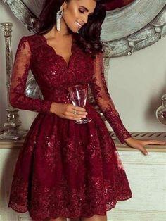 Long Sleeves Burgundy Karlie Lace Homecoming Dresses Formal Evening Graduation Dresses CD7541