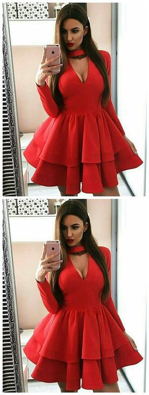 A-Line Long Sleeve Red With Ruffles Homecoming Dresses Mollie CD768