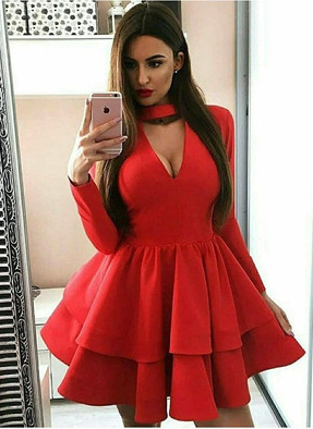 A-Line Long Sleeve Red With Ruffles Homecoming Dresses Mollie CD768