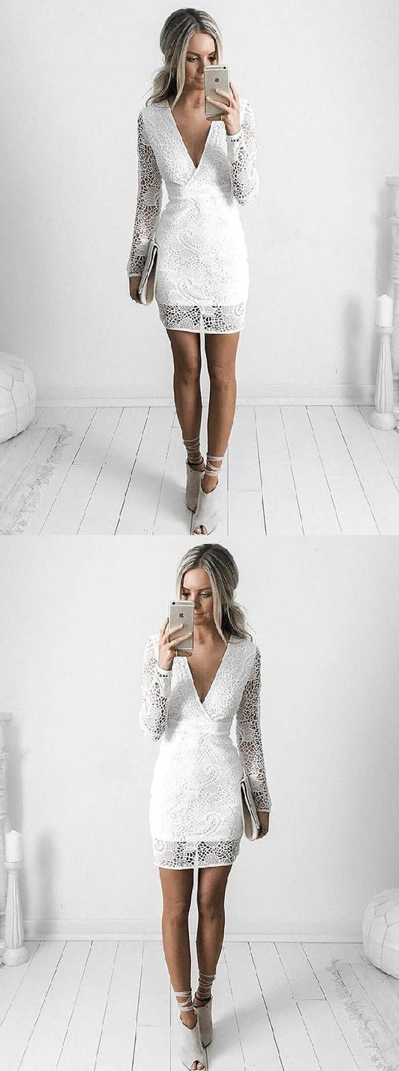 White V-Neck Sheath Short White Dress Lace Sibyl Cocktail Homecoming Dresses With Long Sleeves DF784