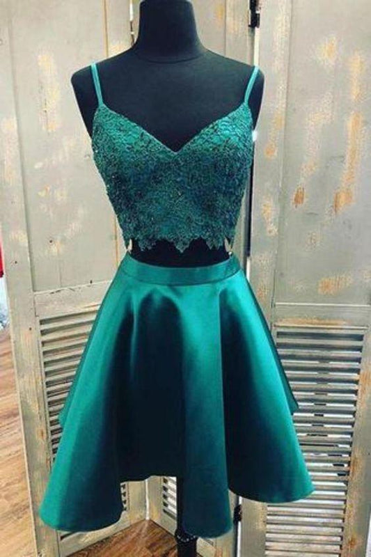 Teal Two Piece Michaelia Lace Satin Homecoming Dresses With Spaghetti Strap Graduation CD8105